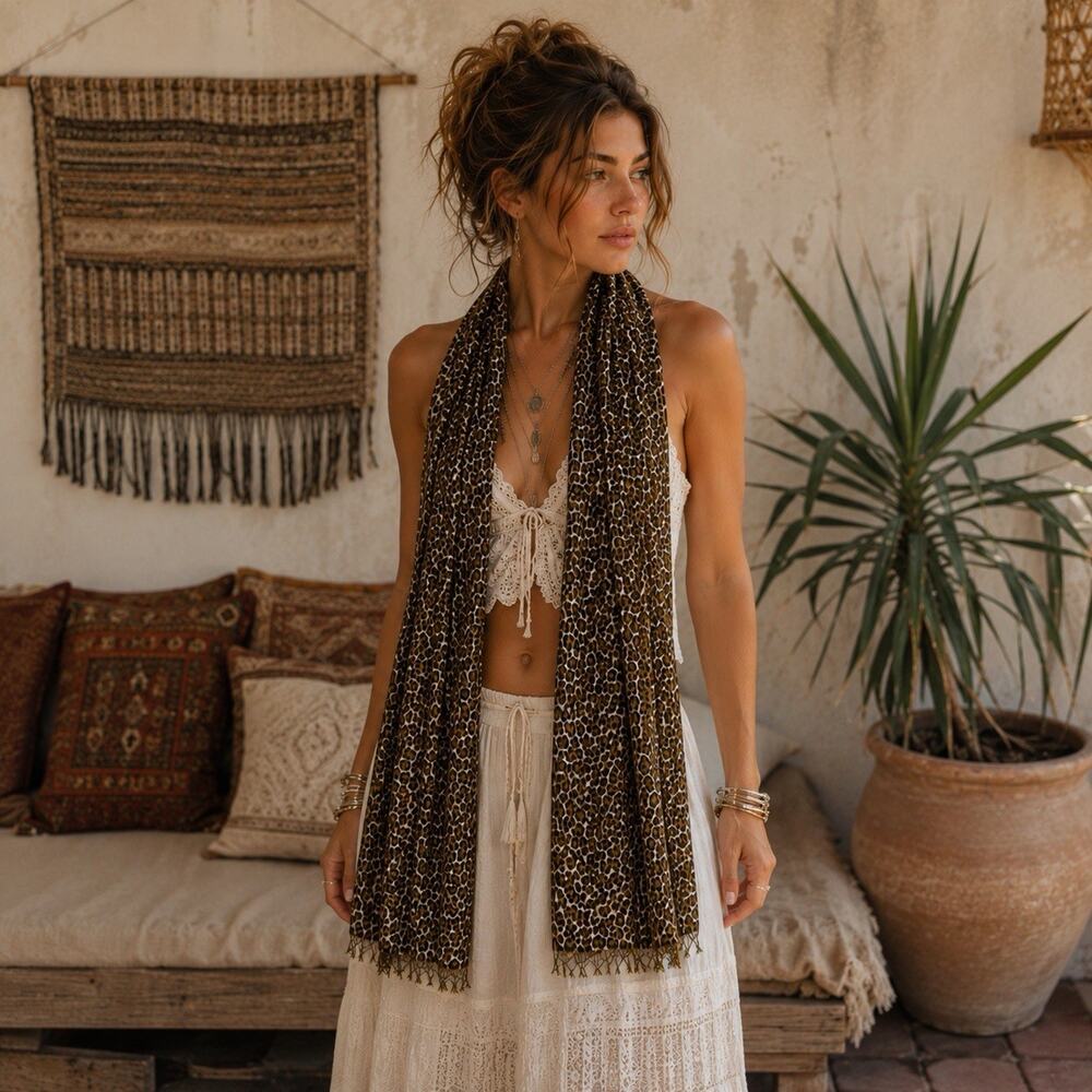 Bohemian Leopard Print Scarf Wrap Fringe Shawl Festival Coastal Cowgirl 70x20